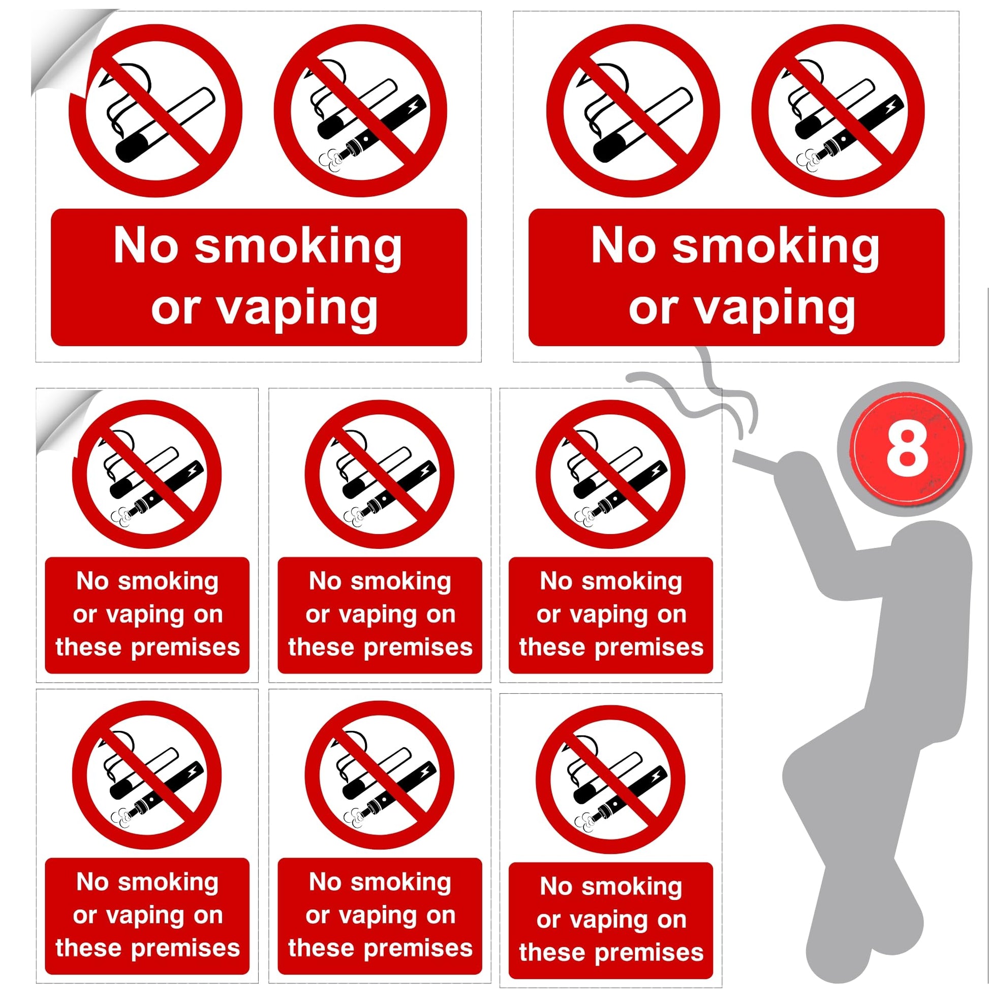 Collection of 'No smoking or vaping' signs with a silhouette of a person on a white background.