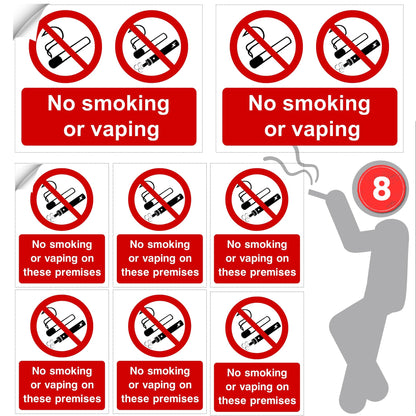 Collection of 'No smoking or vaping' signs with a silhouette of a person on a white background.