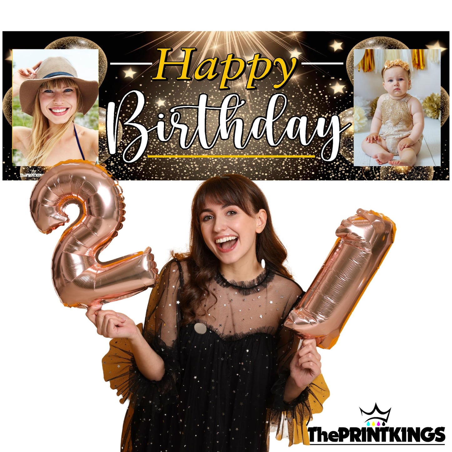 Woman holding rose gold number 2 balloons with a 'Happy Birthday' banner featuring photos of a woman and a baby.