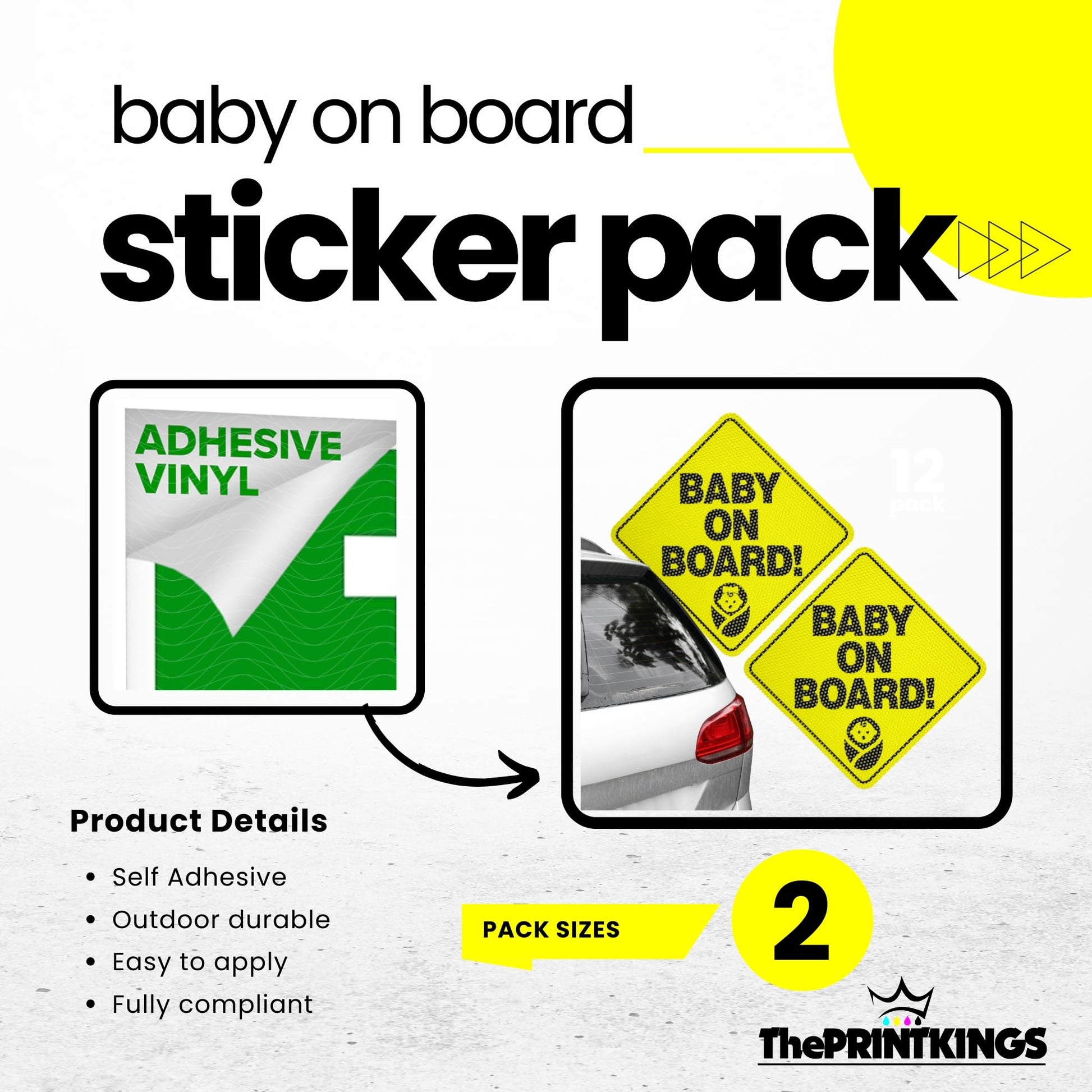 Baby on board sticker pack with two yellow signs and adhesive vinyl on a white background.