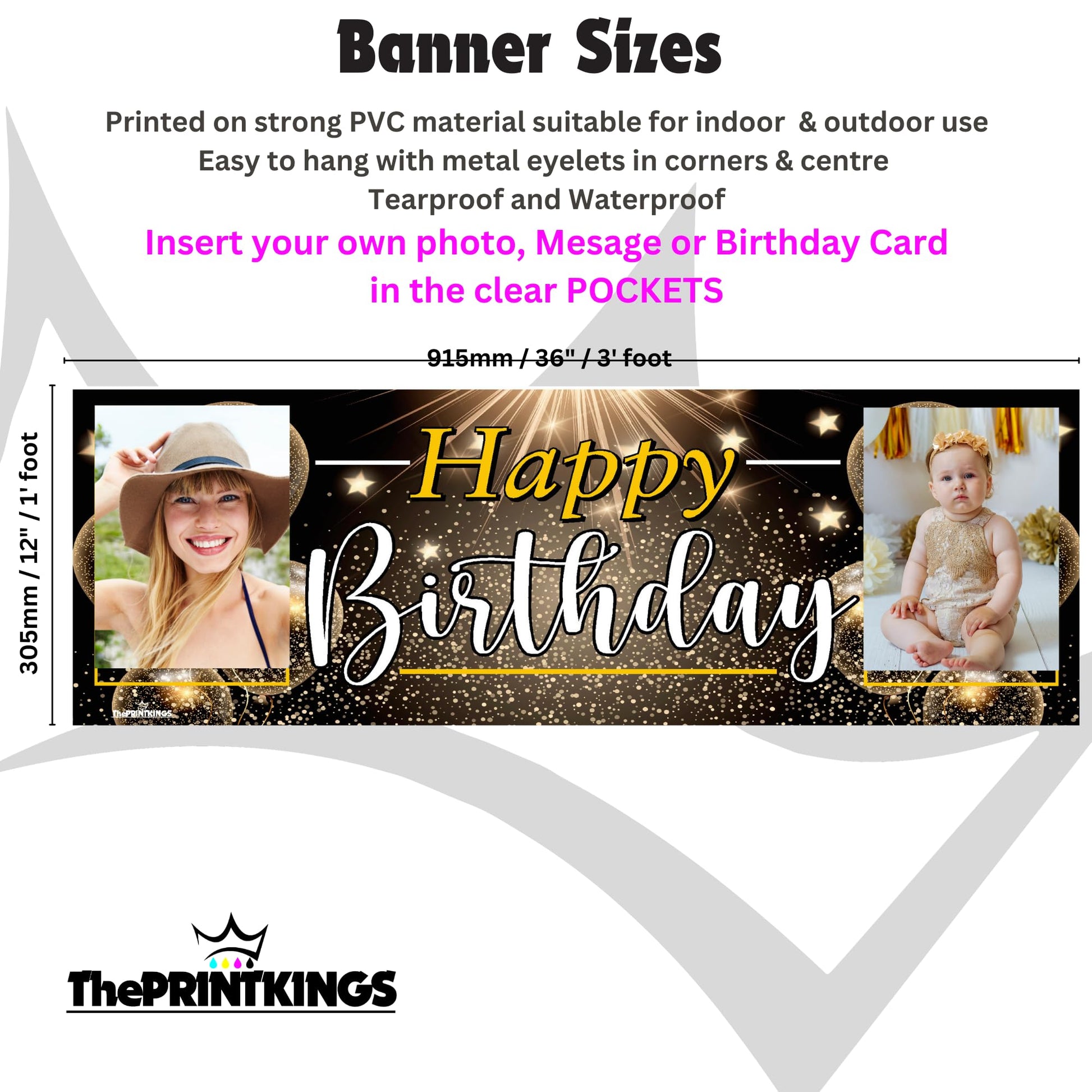 Birthday banner with photos of a woman and a baby, featuring 'Happy Birthday' text, on a white background with product details.
