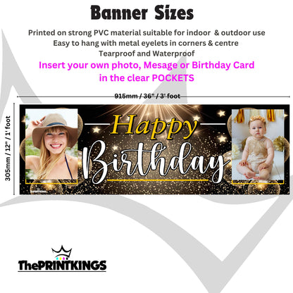 Birthday banner with photos of a woman and a baby, featuring 'Happy Birthday' text, on a white background with product details.