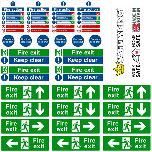 Pack of fire safety signs with 'SafetyKing' branding on a white background