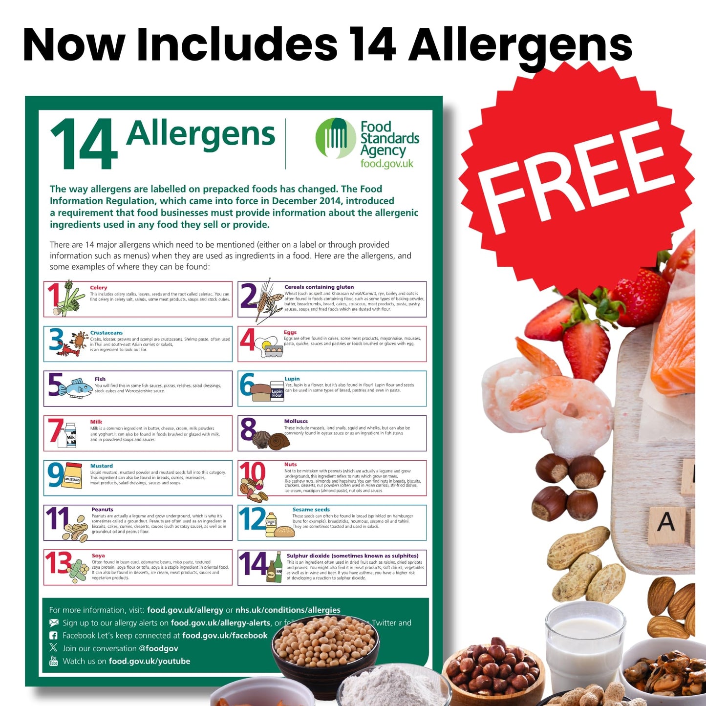 Allergen information poster with food images and a 'FREE' label.