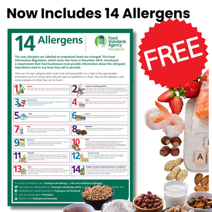 Allergen information poster with food images and a 'FREE' label.