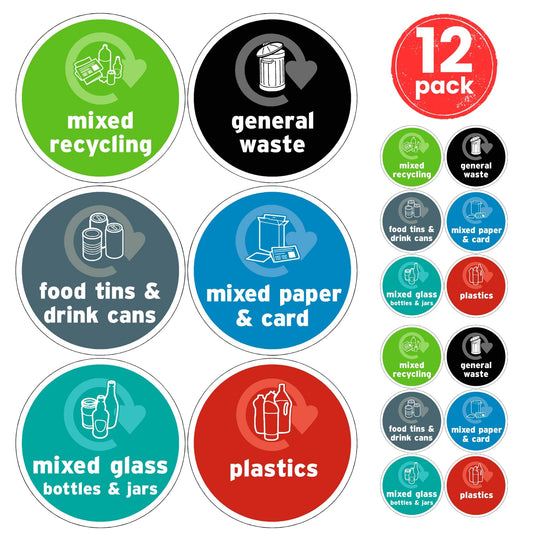 Recycling Bin Stickers Signs for Bins 12x Pack - 6 Designs, 100mm x 100mm, Self-Adhesive Vinyl Stickers, Waterproof Decals, Indoor Outdoor General Waste Signs – Mixed Waste, Made in UK.