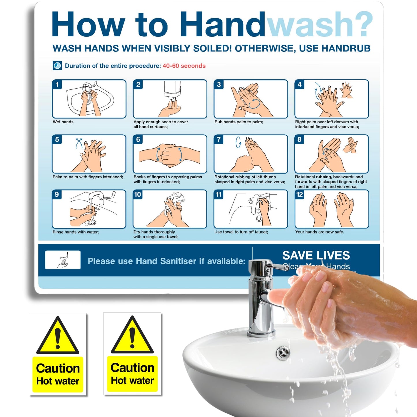 How to Wash your Hands Sign & Caution Hot water Stickers 3pcs set