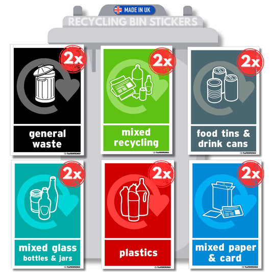 Recycling Stickers for Bins 12x pack - 6 Design, 100mm x 150mm, Self-Adhesive Vinyl Stickers, Waterproof Decals, Indoor Outdoor Recycle Signs – Food Waste, Made in UK.