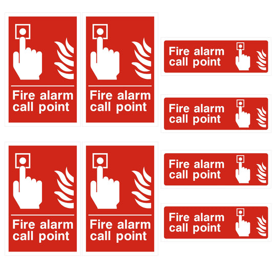 Red and white fire alarm call point signs with hand and flame icons.