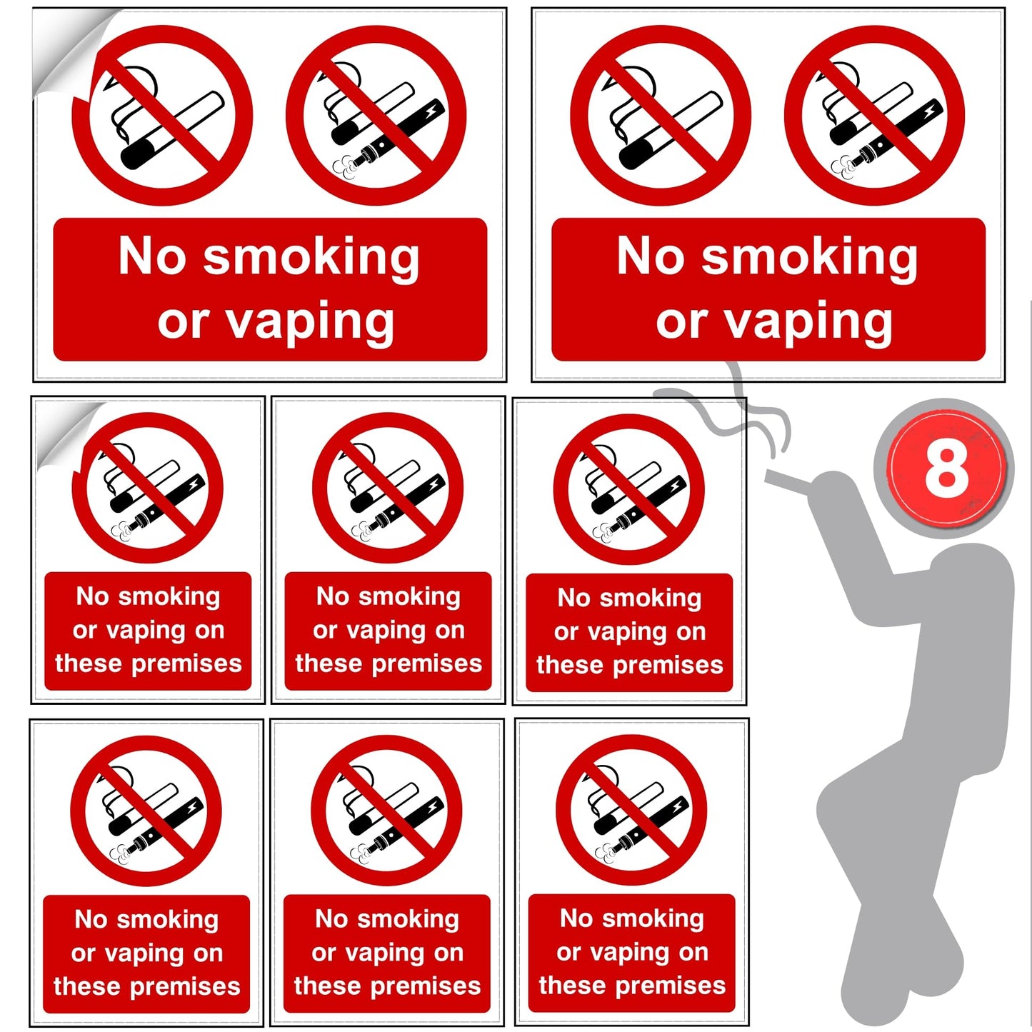 Collection of 'No smoking or vaping' signs with a silhouette of a person on a white background.