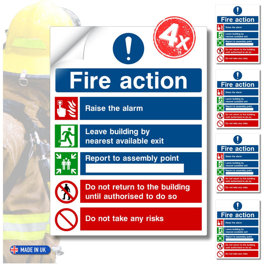 Pack of fire safety signs with instructions and symbols on a white background.