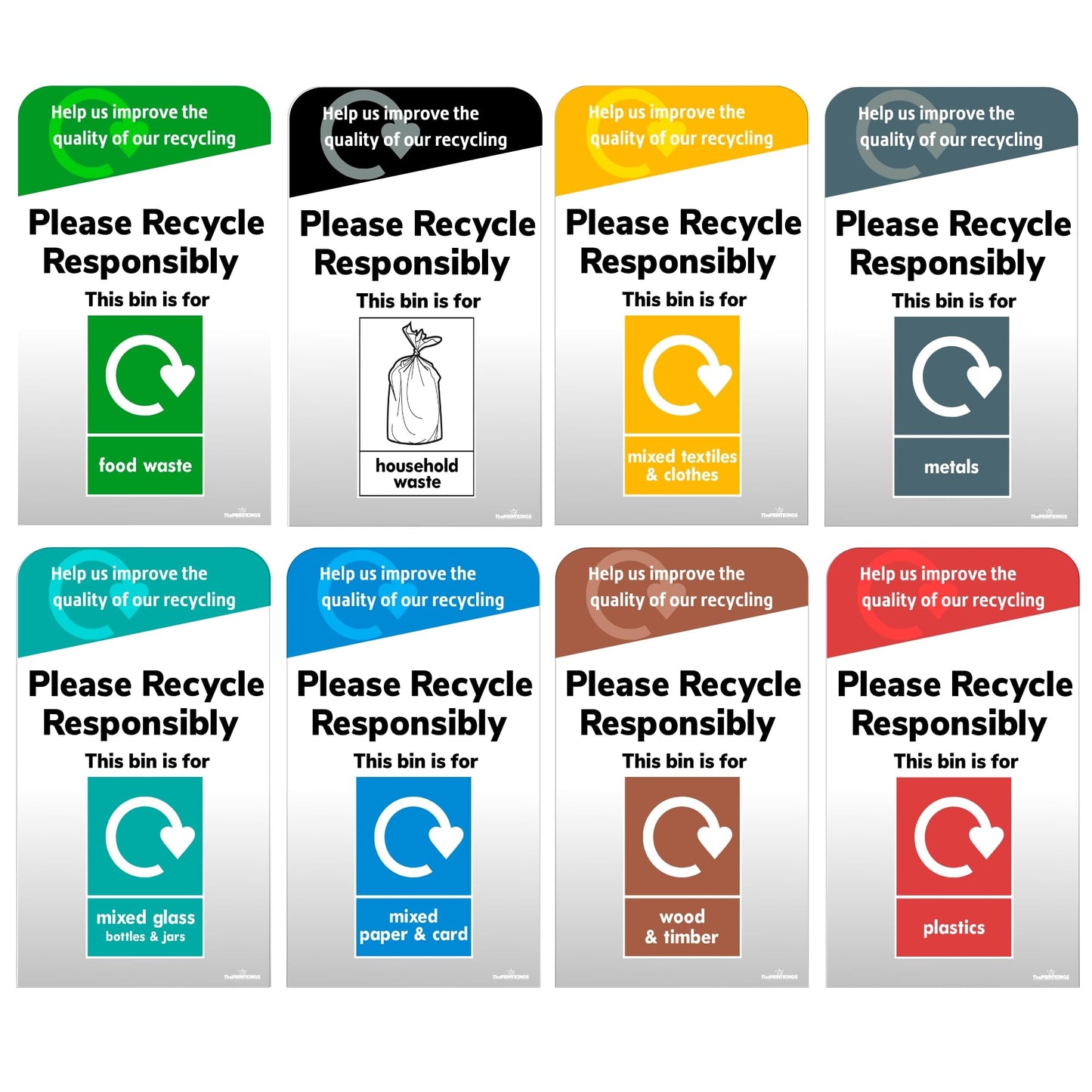 Set of recycling bin labels with icons and text for different types of waste.