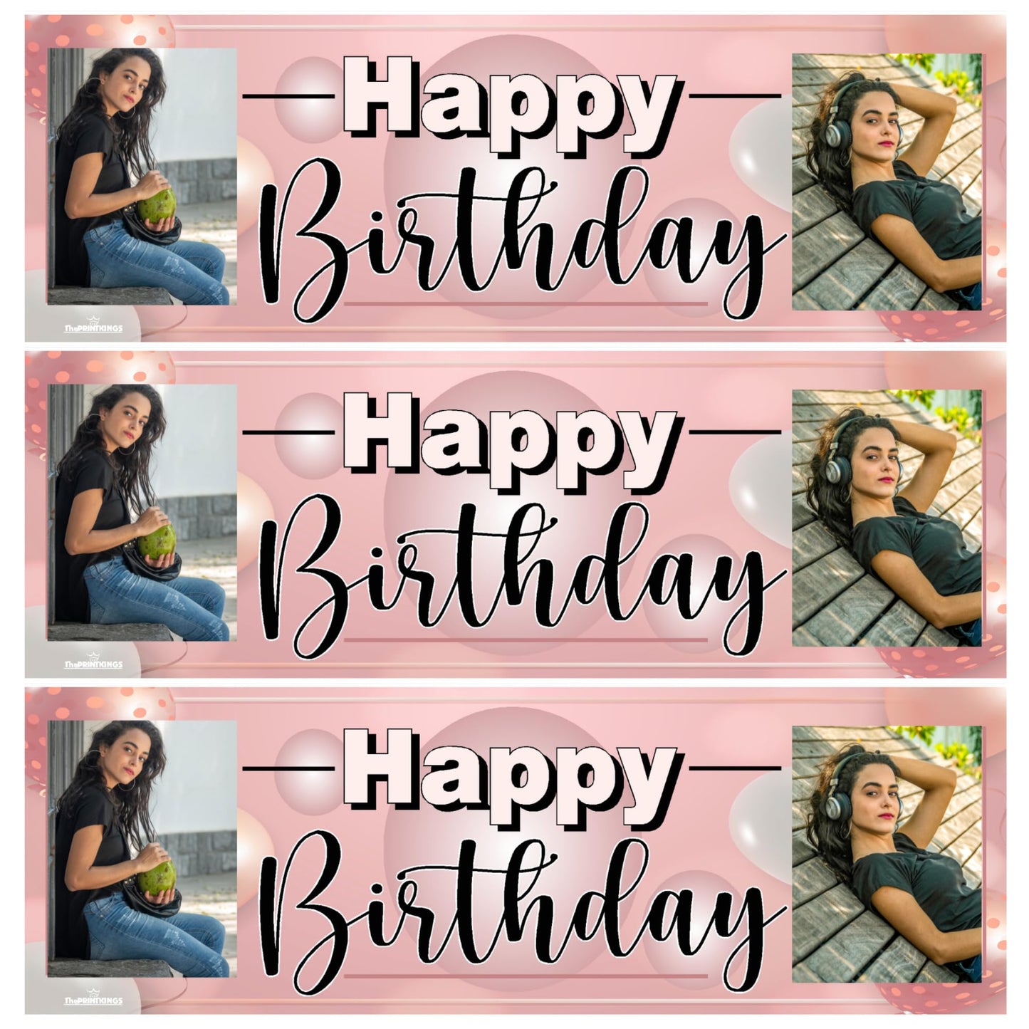 Three instances of a 'Happy Birthday' card with a collage of photos of a woman on a pink background.