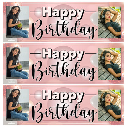 Three instances of a 'Happy Birthday' card with a collage of photos of a woman on a pink background.