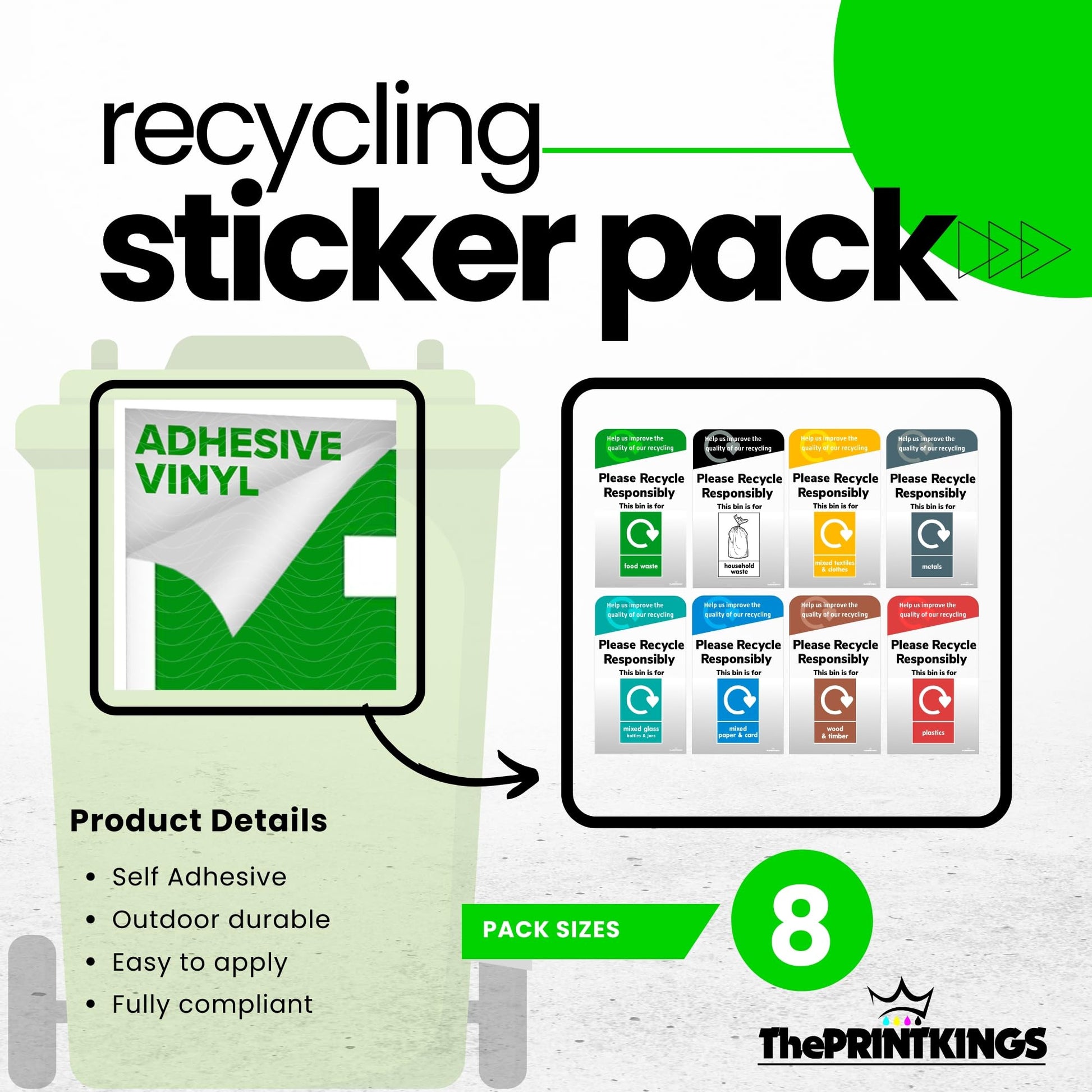 Recycling sticker pack with adhesive vinyl and various recycling symbols on a white background.