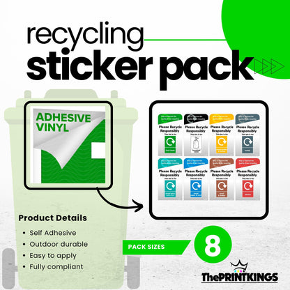 Recycling sticker pack with adhesive vinyl and various recycling symbols on a white background.