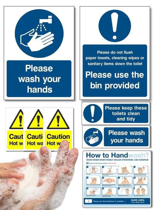 Wash your hands Sign, Hot water signs, keep toilets clean sign,how to wash hands, Comprehensive sticker set, Self Adhesive Vinyl 16 Pcs for 2 washrooms, Health & Safety Compliant, Waterproof, UK made