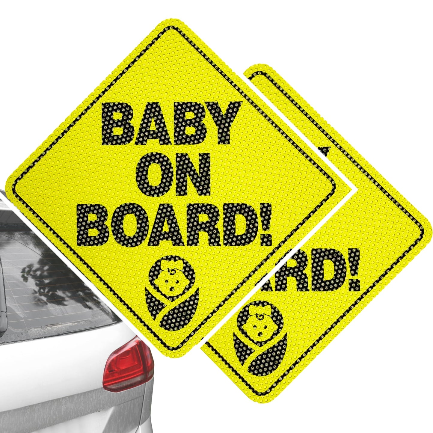 Two yellow 'Baby on Board!' signs with black text and a baby icon, attached to a car.