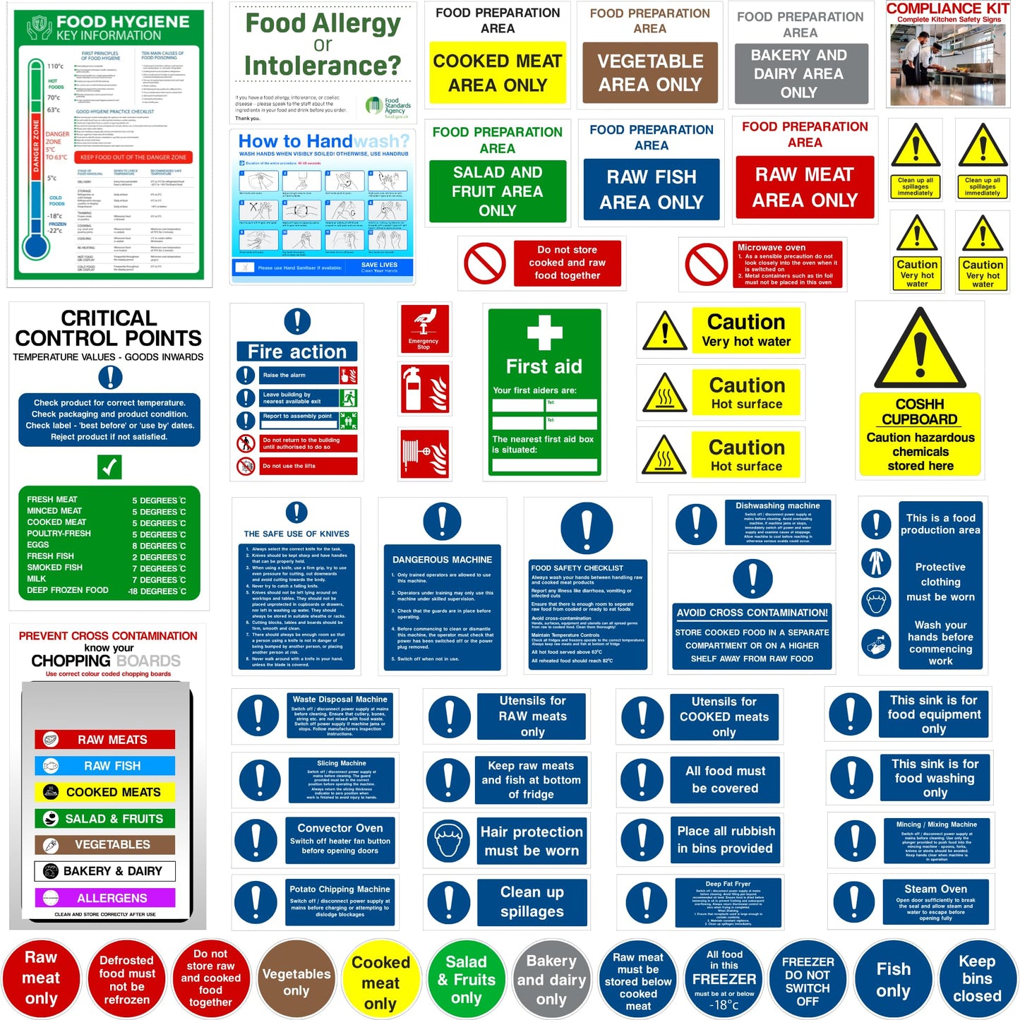 Collection of food safety and hygiene signs and posters on a white background