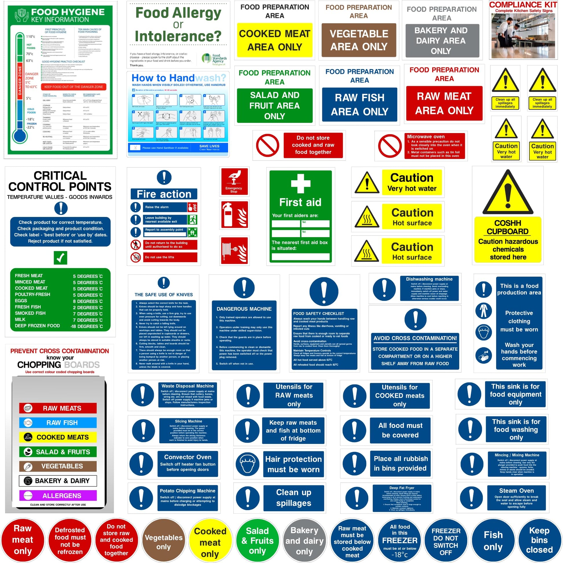 Collection of food safety and hygiene signs and posters on a white background