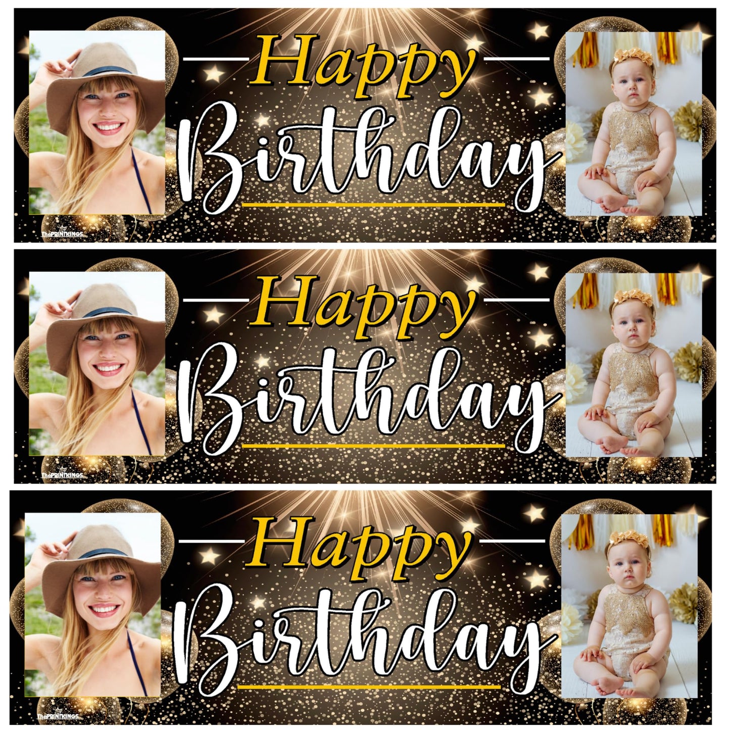 Three identical birthday banners with a woman and a baby, featuring 'Happy Birthday' text.