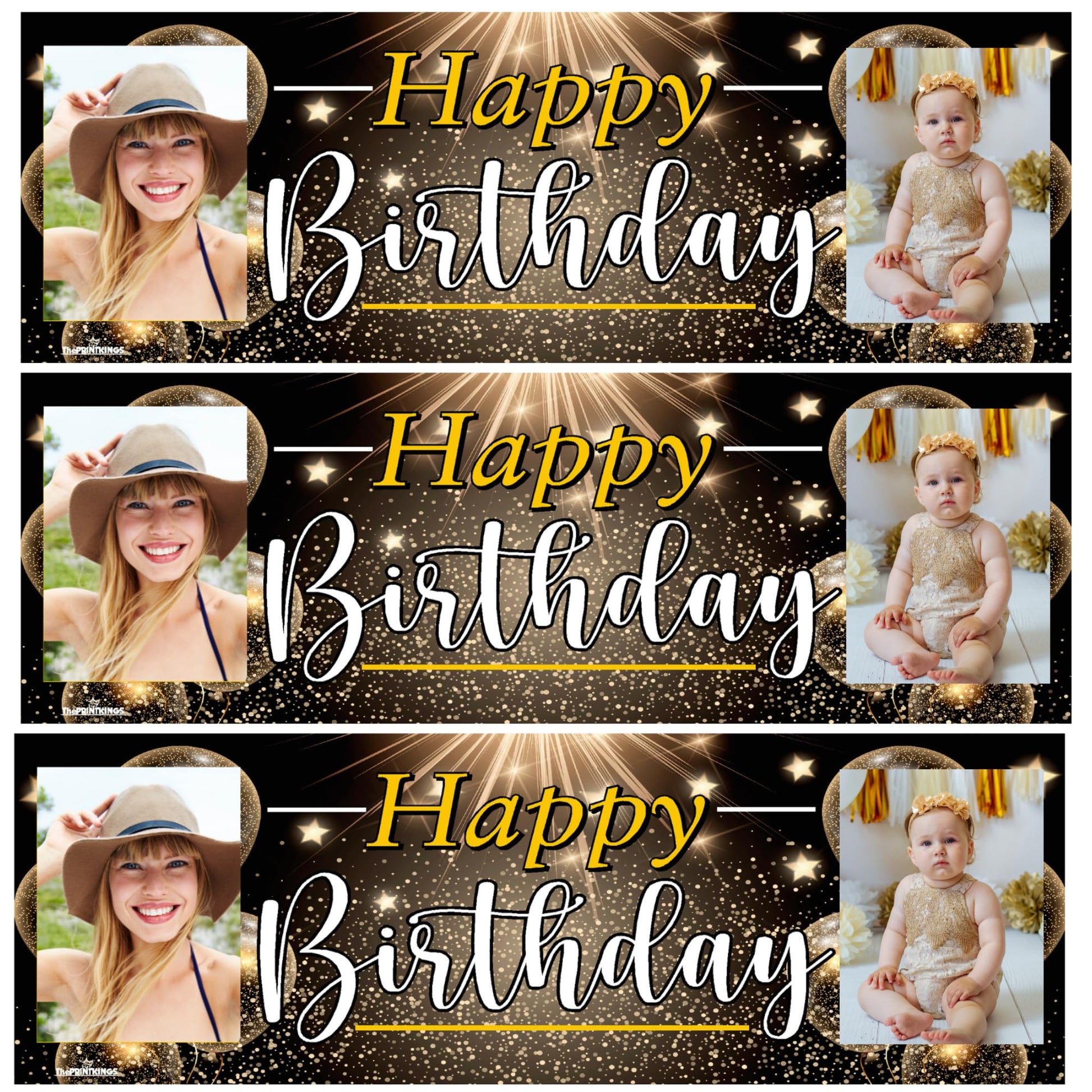 Three identical birthday banners with a woman and a baby, featuring 'Happy Birthday' text.