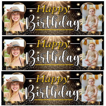 Three identical birthday banners with a woman and a baby, featuring 'Happy Birthday' text.