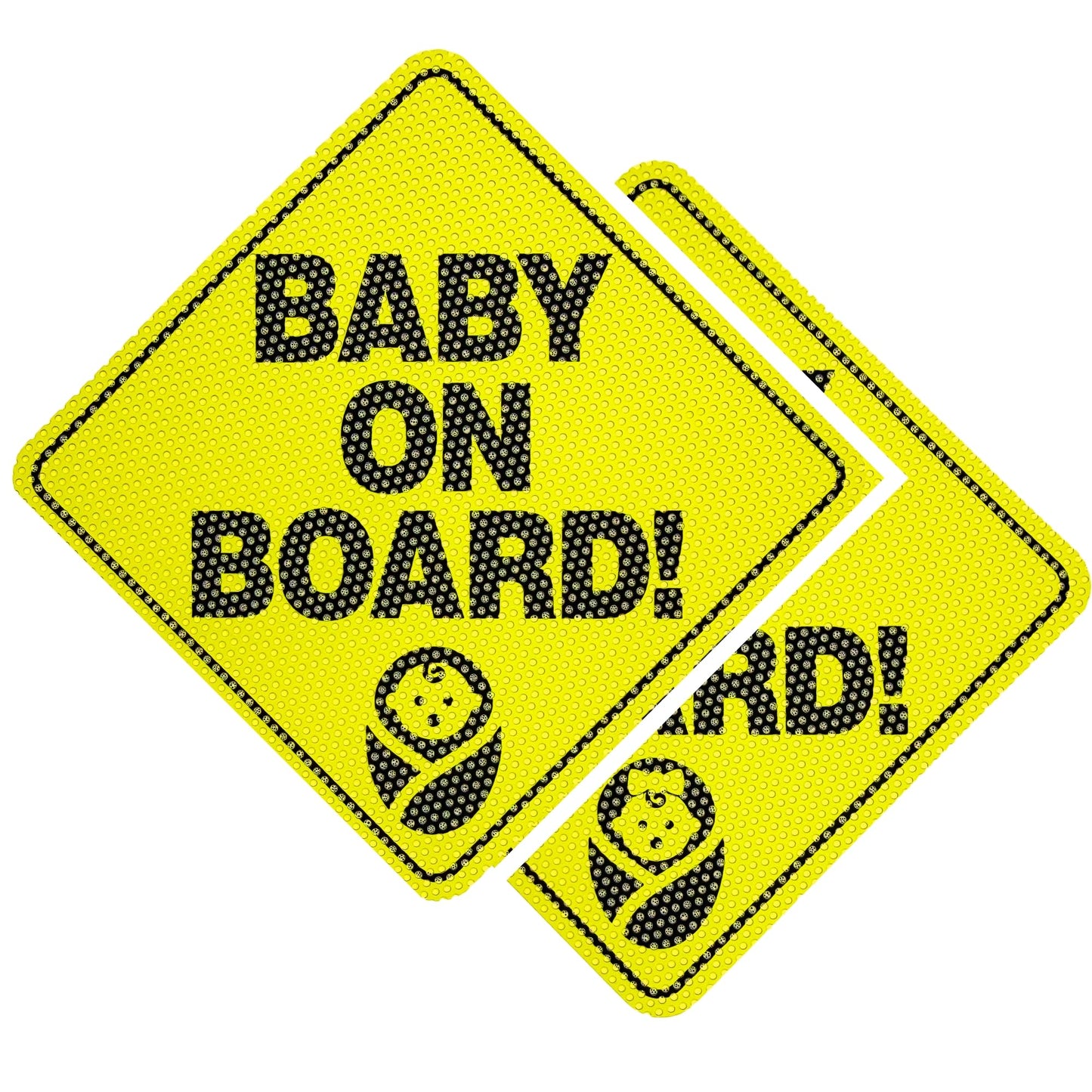 Two yellow 'Baby on Board!' signs with black text and baby icon on a white background.