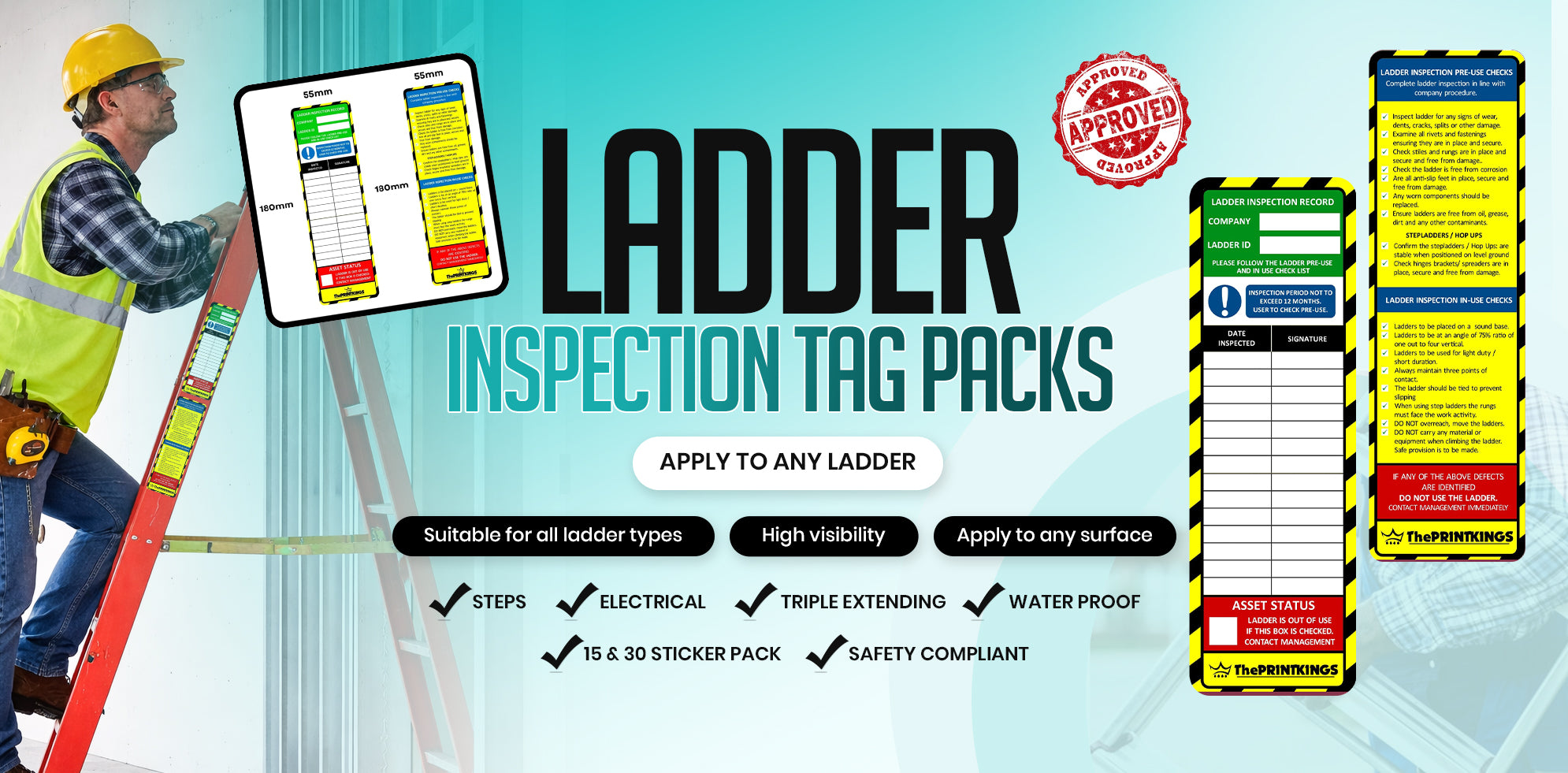 Ladder inspection tag packs with a ladder and worker on a blue background