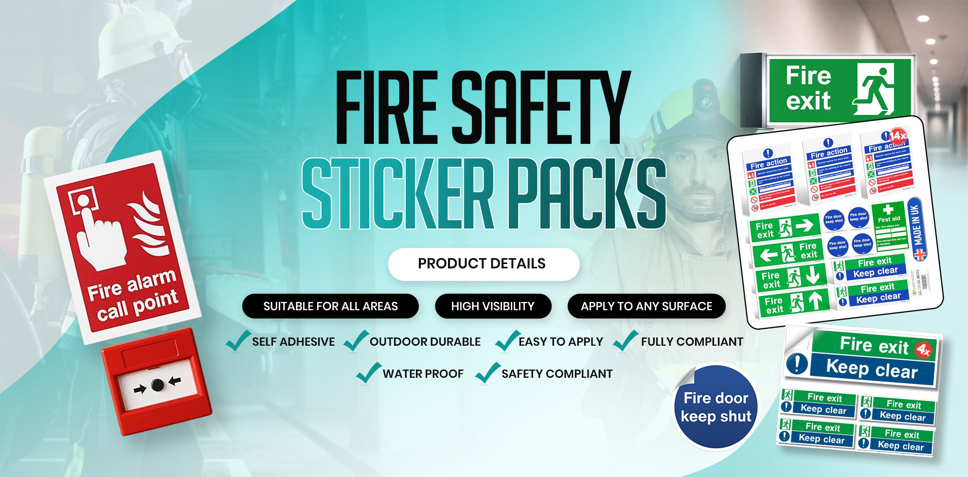 Fire safety sticker packs with various signs on a light blue background