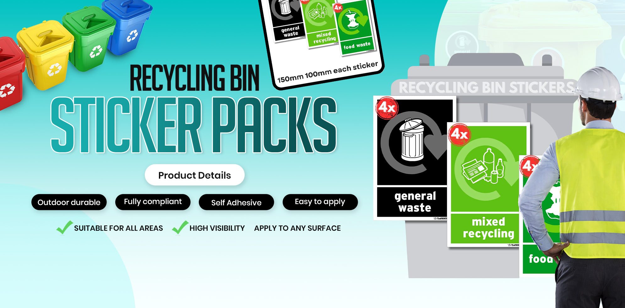 Recycling bin stickers with a person wearing a safety vest and hard hat, on a blue background.