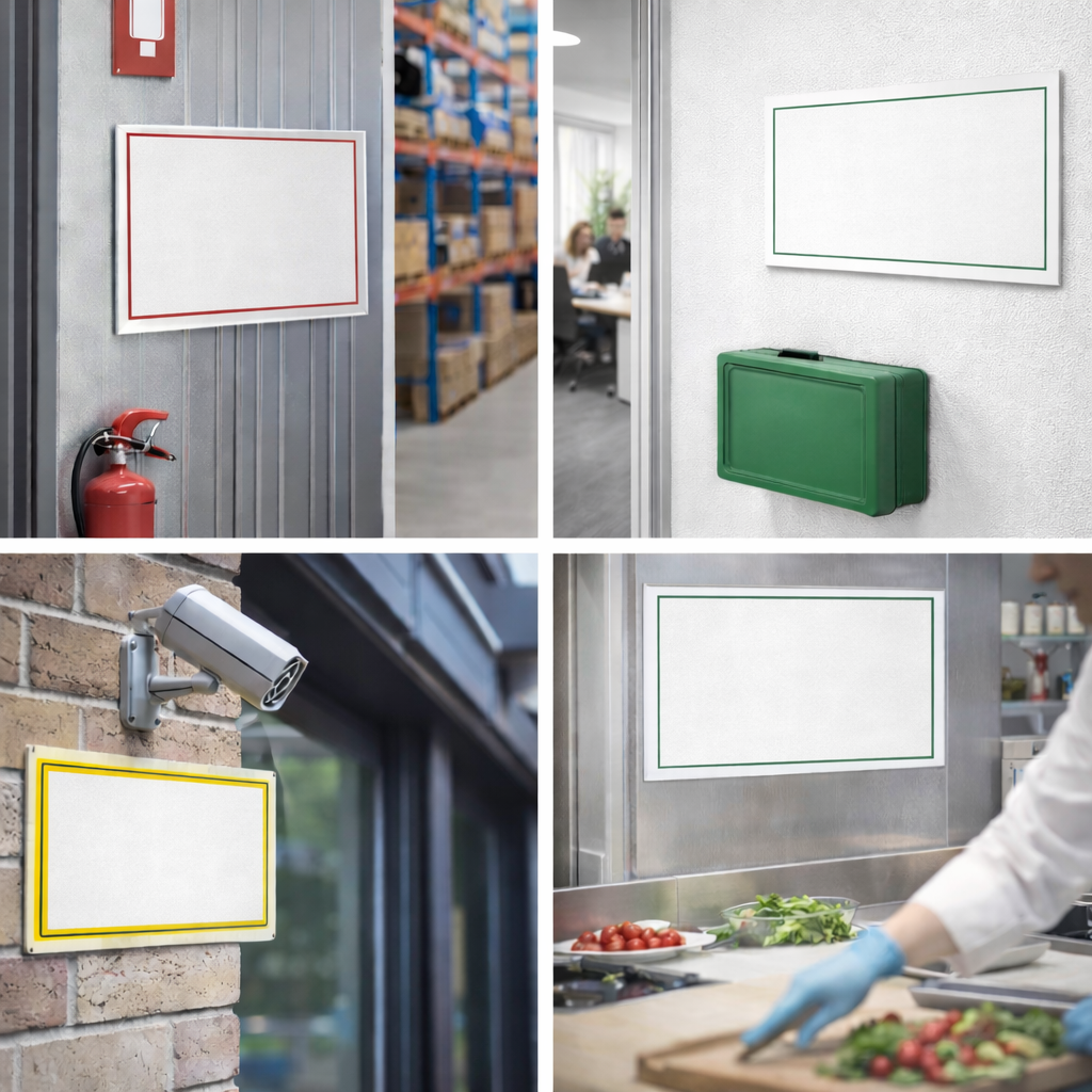 Collage of security and safety products including a fire extinguisher, security camera, and whiteboards in various settings.