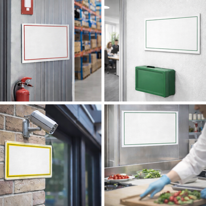 Collage of security and safety products including a fire extinguisher, security camera, and whiteboards in various settings.