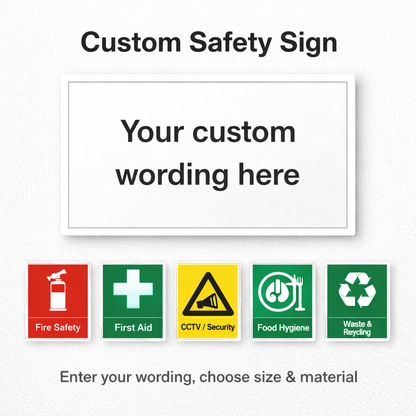 Custom safety sign template with placeholder text and safety icon examples on a white background.