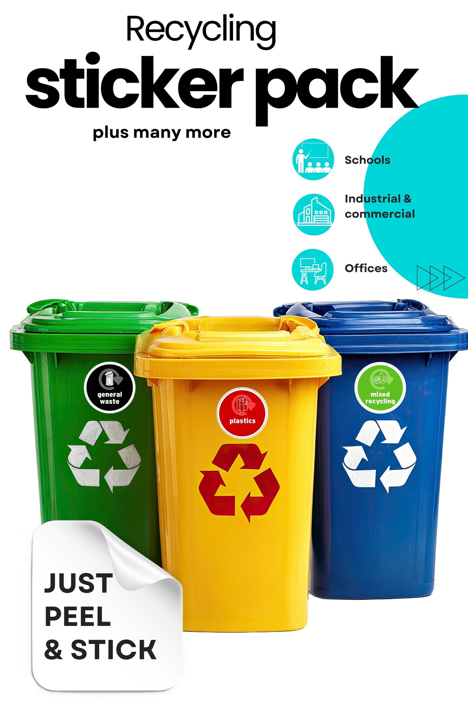 Recycling sticker pack with three bins and stickers on a white background