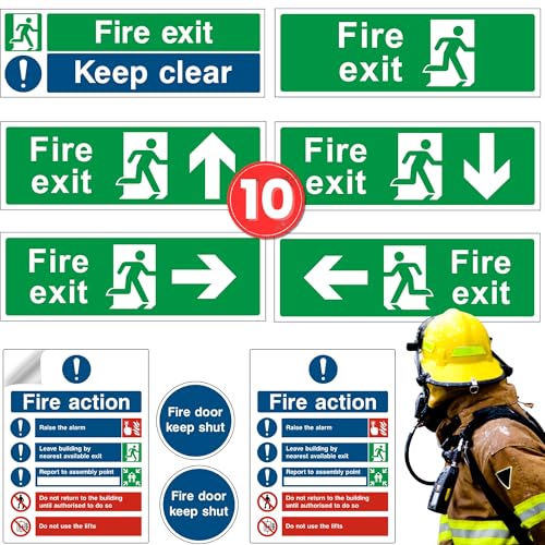 Pack of fire exit and related signs with a firefighter 