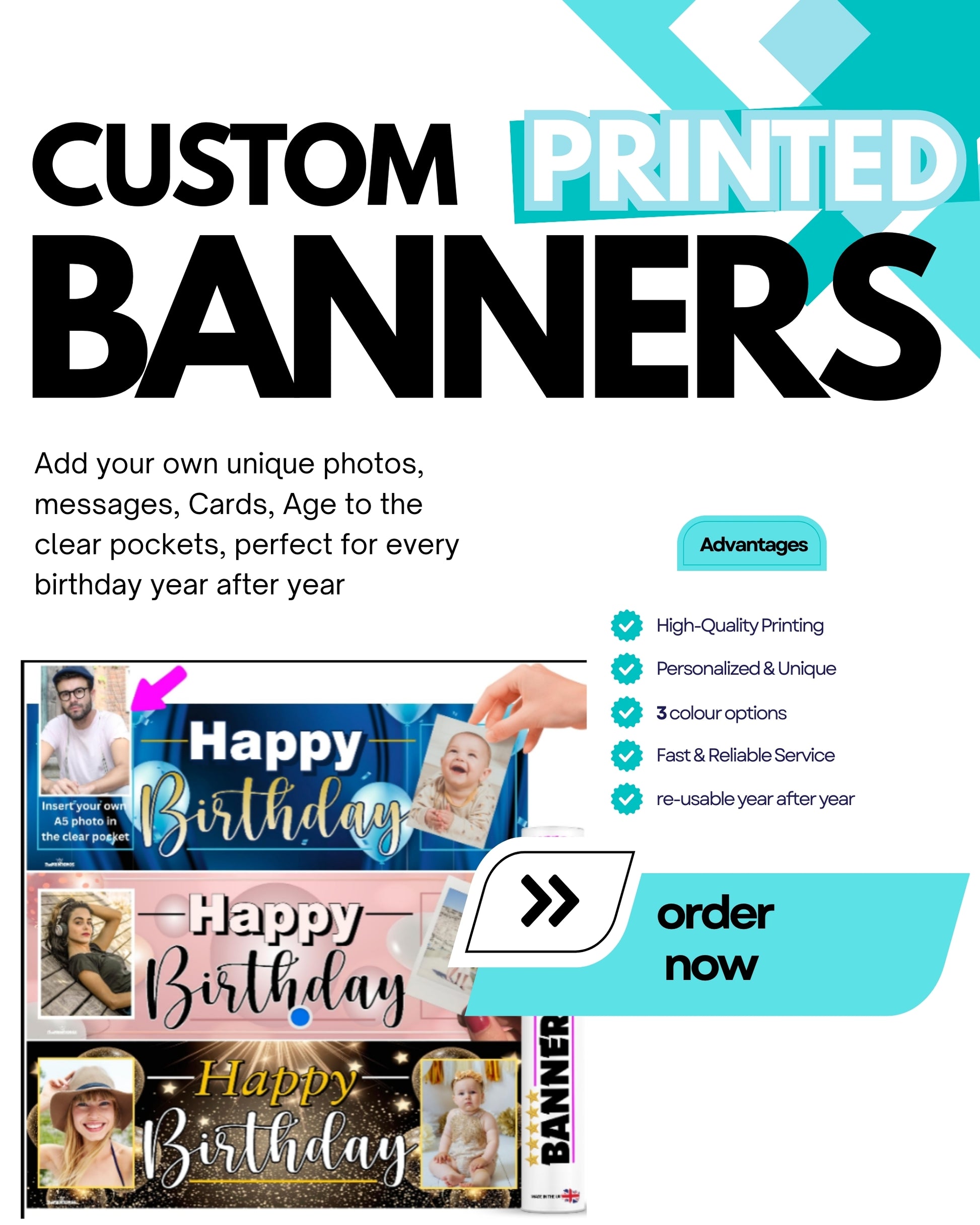 Advertisement for custom printed banners with examples and text about ordering.