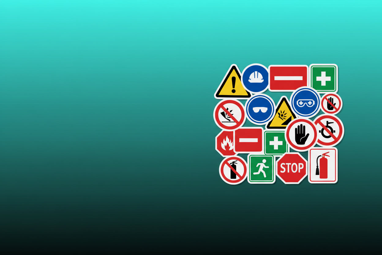 Collection of various traffic and safety signs stickers on a gradient blue background