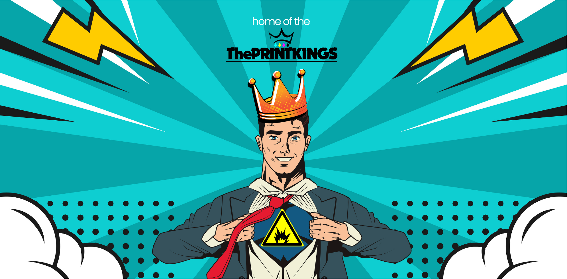 Superhero character with a crown and 'home of the Print kings' logo on a blue background